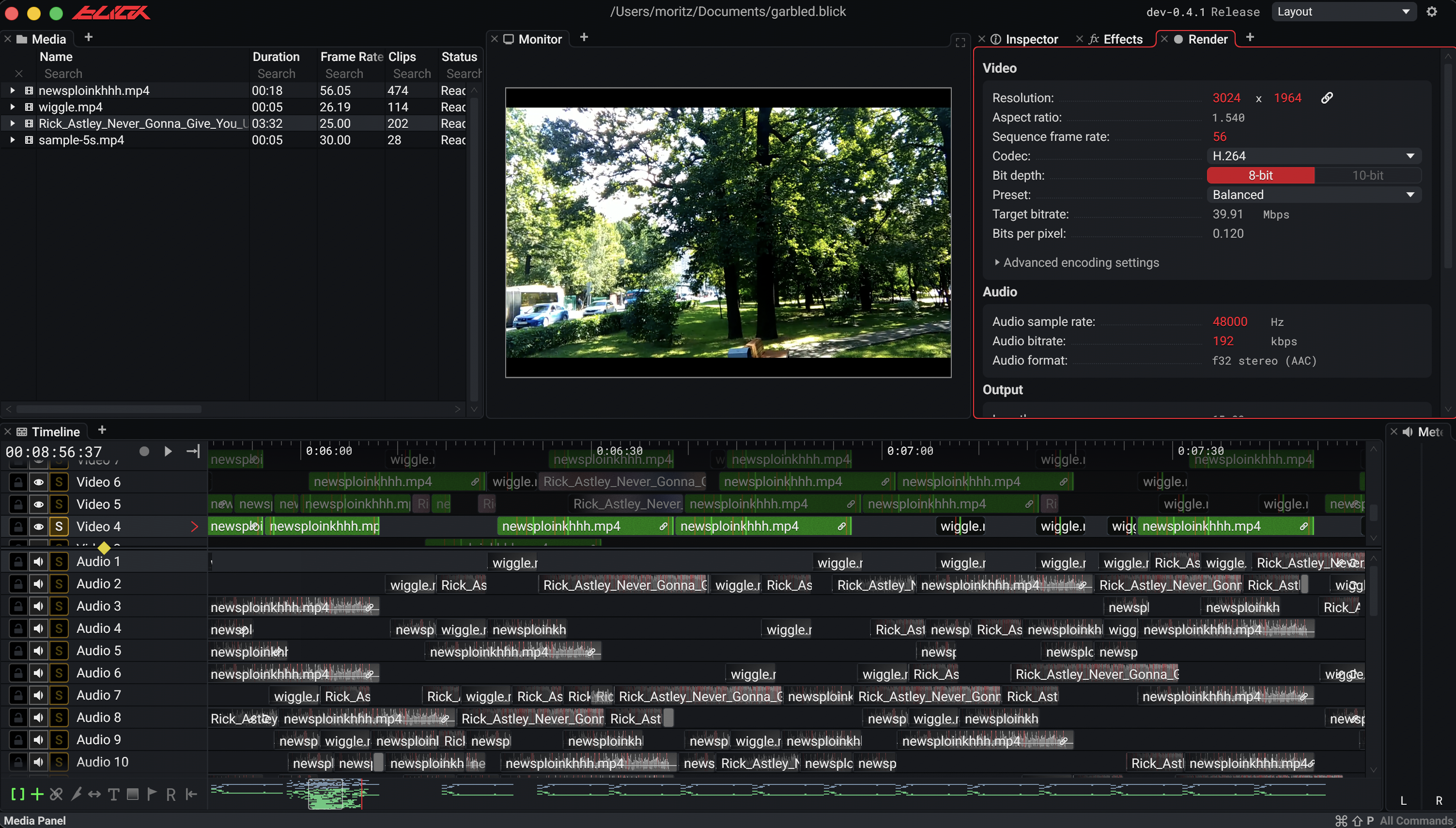 A current version of Blick, with the kind of dense timeline the painter needs to handle.