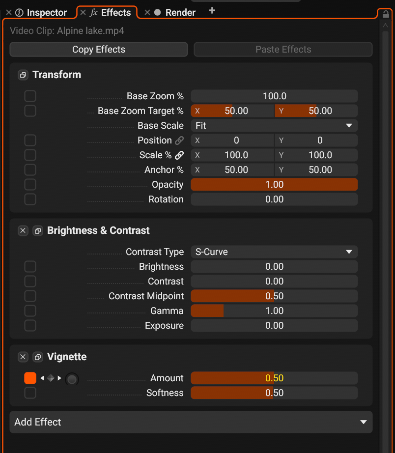 The Effect panel of a video clip with two added effects