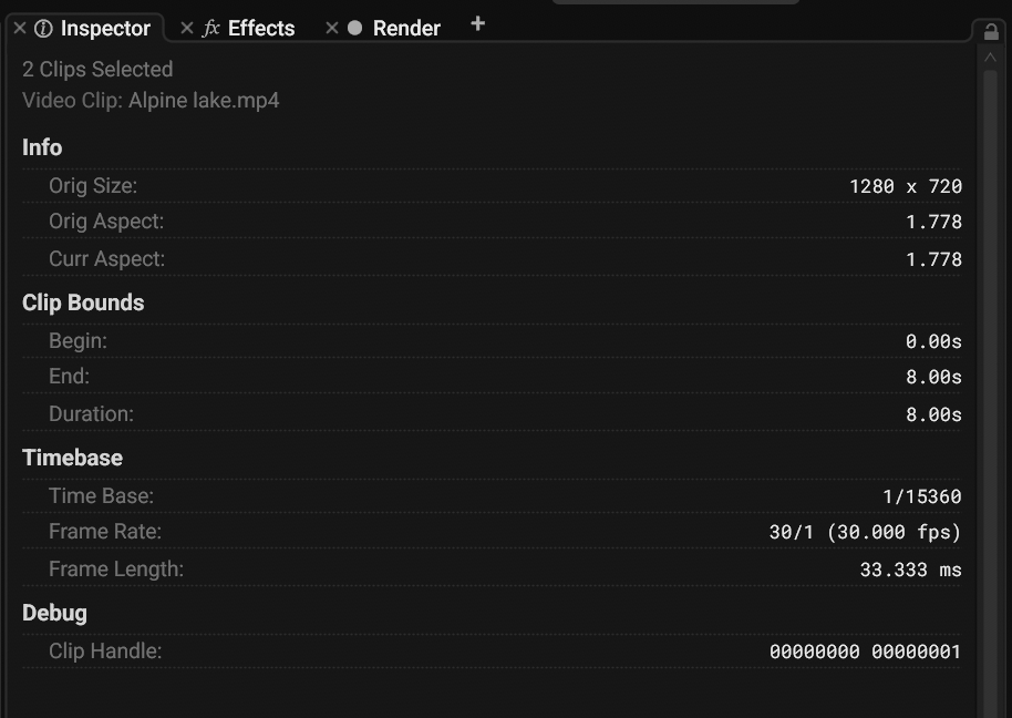 The Inspector panel with a video clip selected