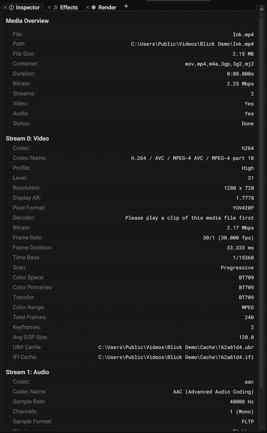The Inspector panel with a media file selected