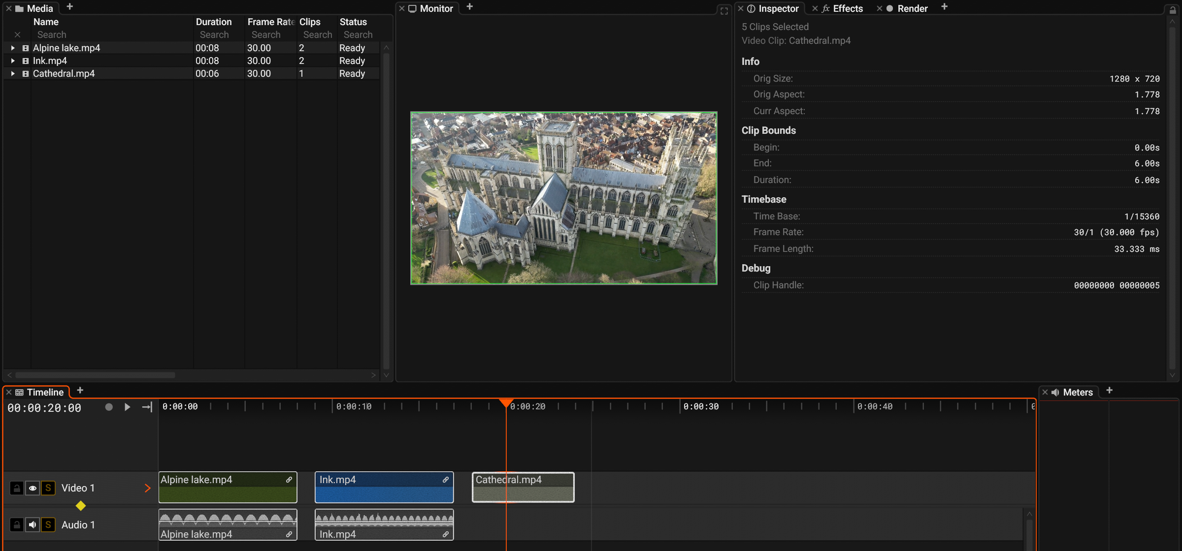 Three video clips selected, with their linked audio clips
