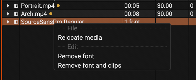 The context menu of a font
