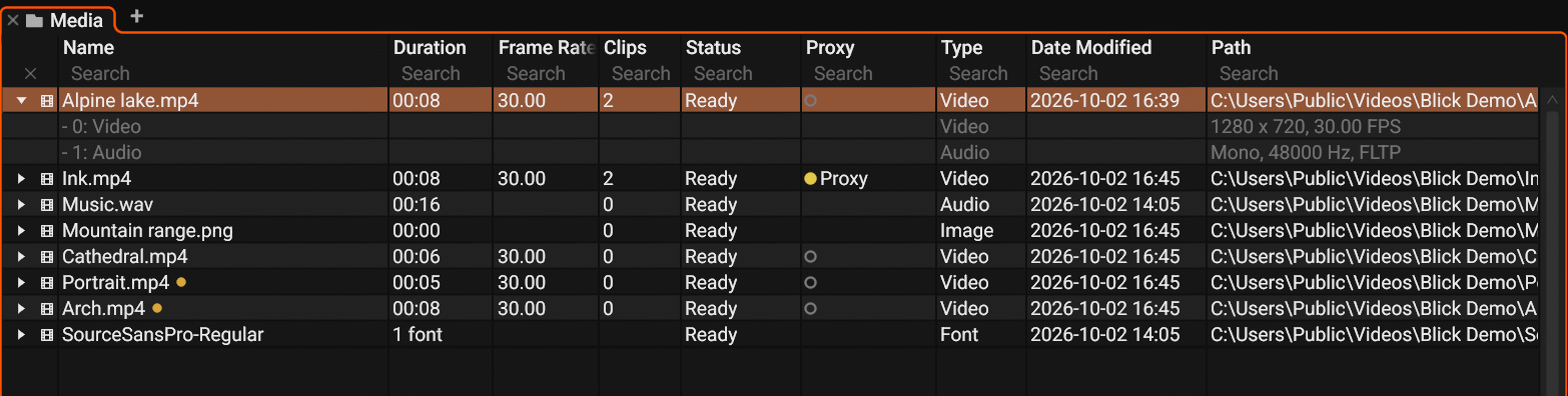 The Media panel with six files, one of them expanded to show its streams