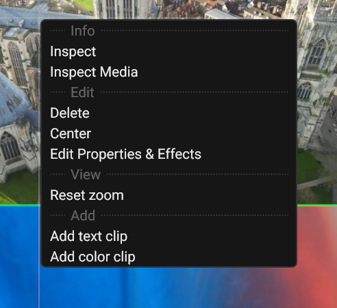 The context menu of a clip in the Monitor