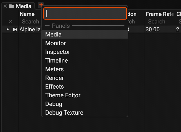 The tab bar of the Media panel with the Add Tab popup open