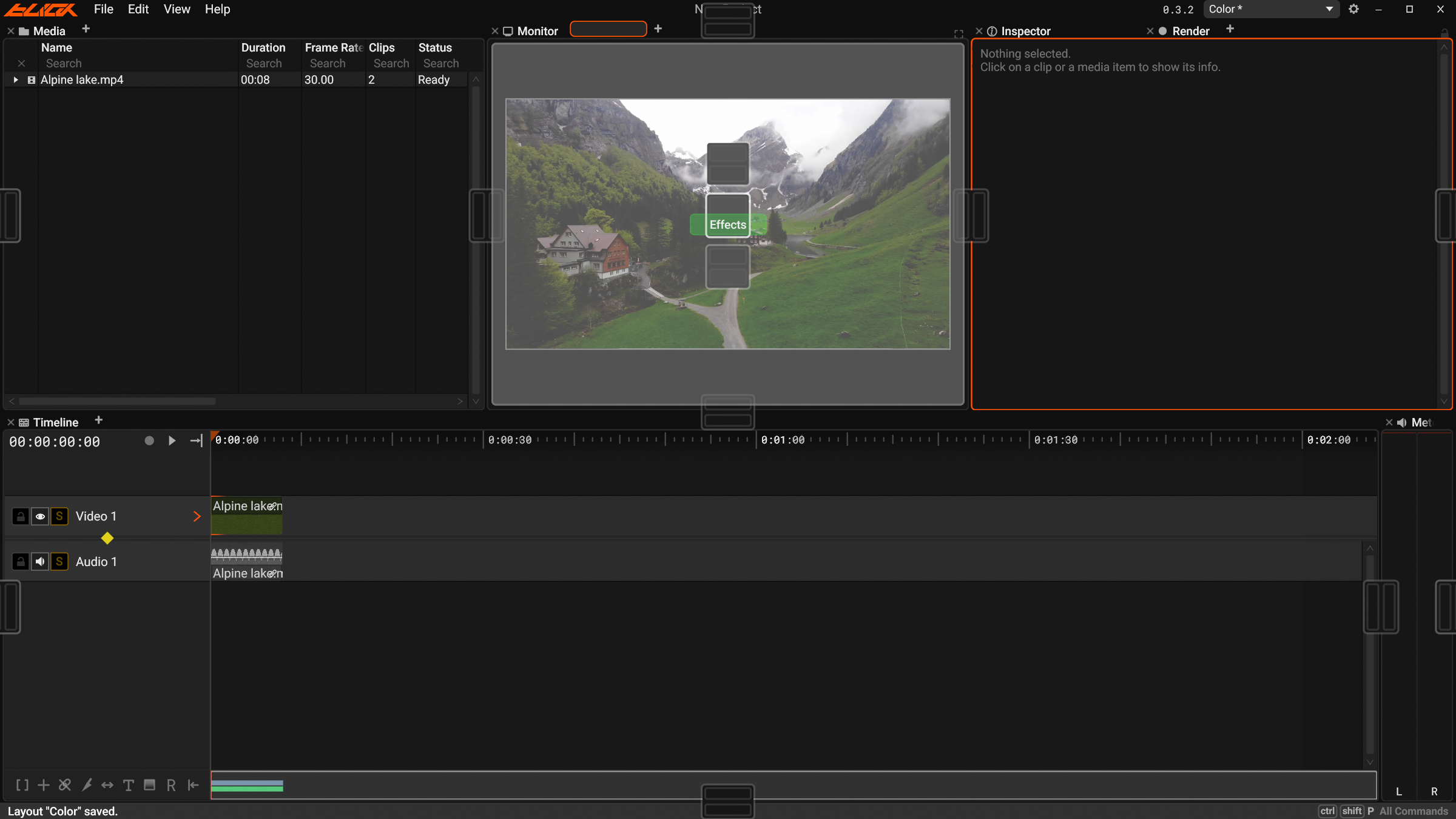The window while the Effects tab is dragged over the Monitor panel
