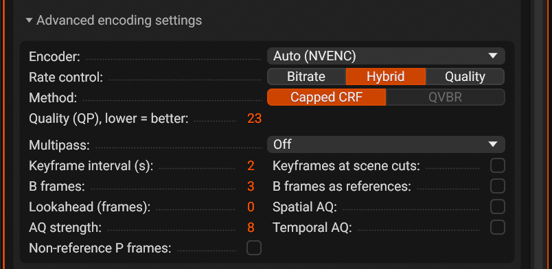 The advanced encoding settings of H.264 on a hardware encoder