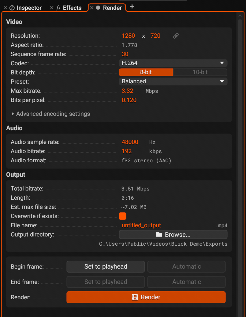 The Render panel before a render