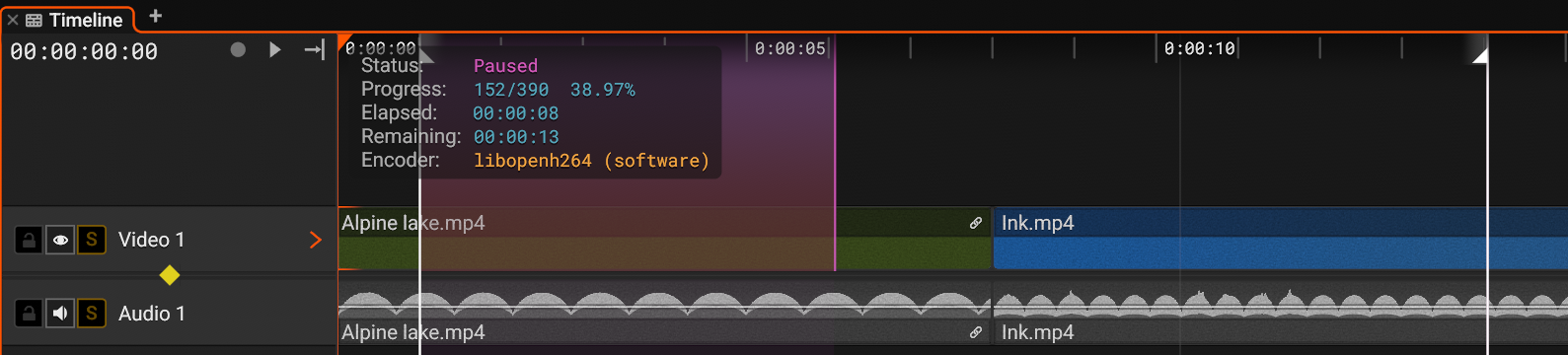 The timeline during a paused render
