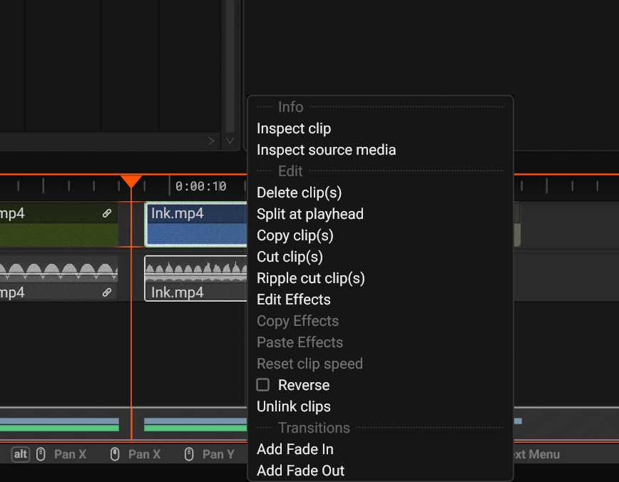 The context menu of a video clip