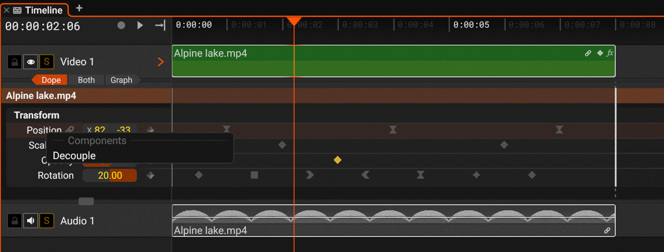 The context menu of the Position lane