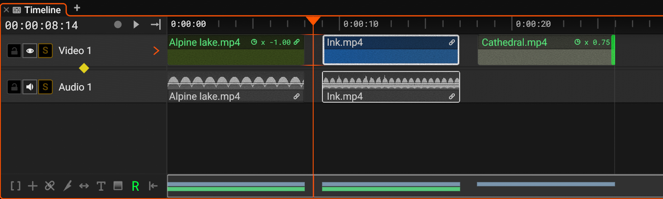 A clip slowed to 0.75x and a reversed clip, with Rate Stretch mode on