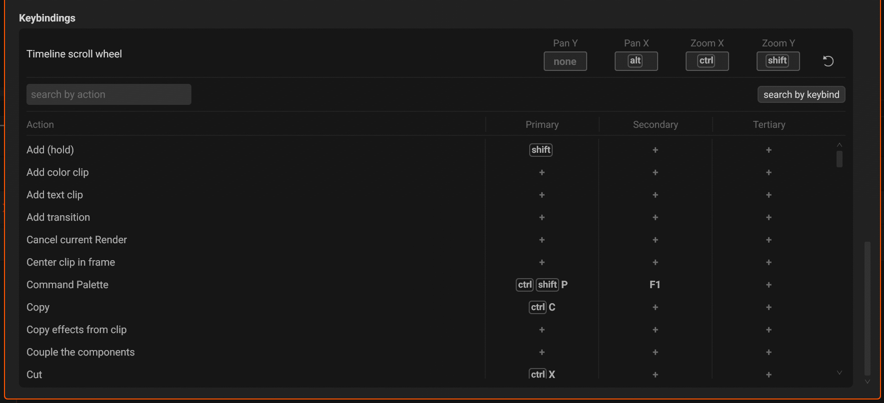The Keybindings section of the Settings menu