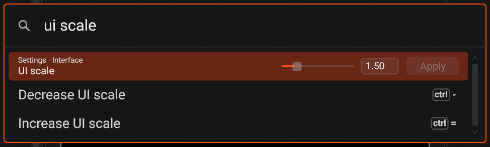 The Command Palette with the search text ui scale