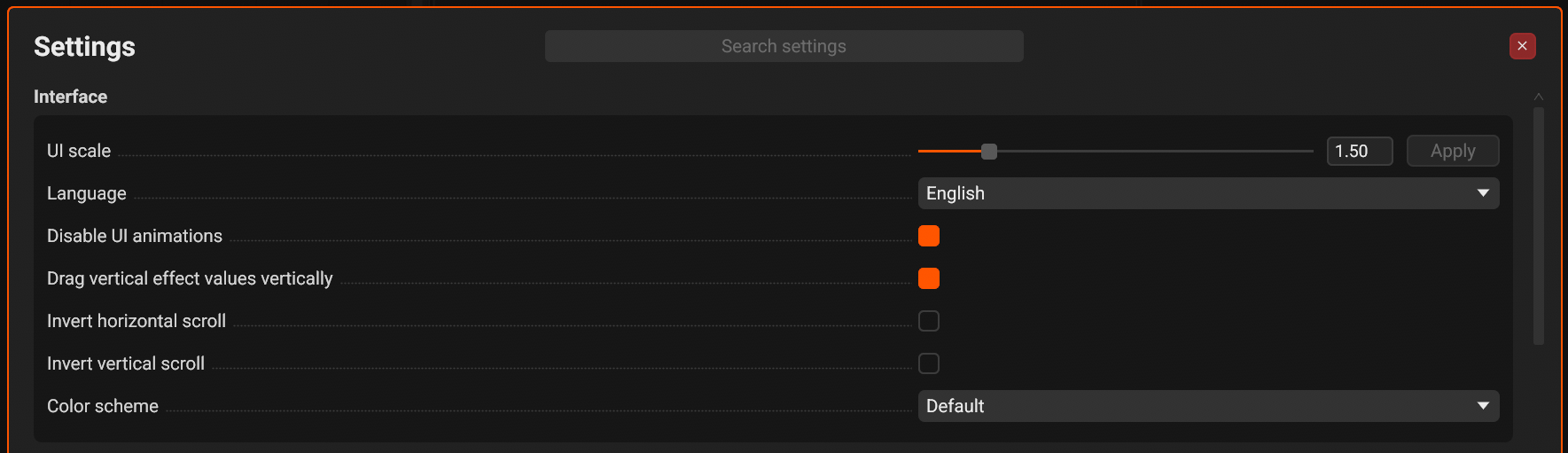 The top of the Settings menu