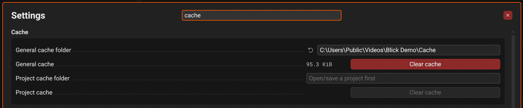 The Settings menu filtered by the word cache
