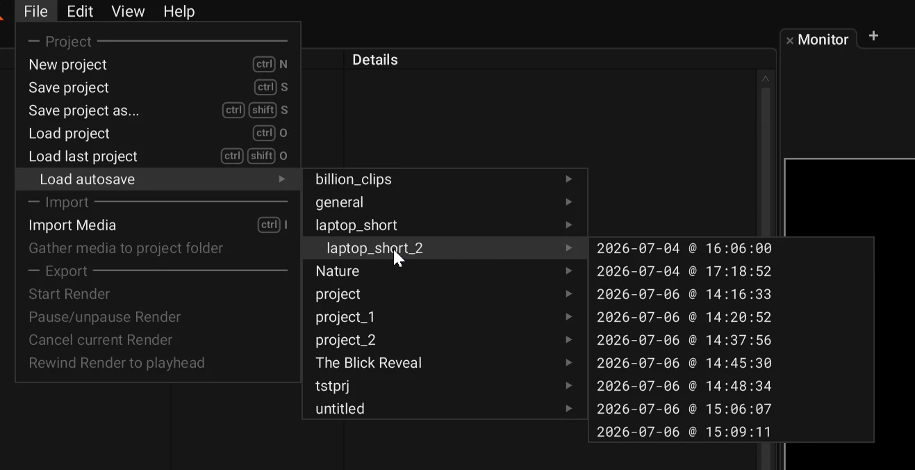 Blick's Load autosave menu listing timestamped sessions to restore