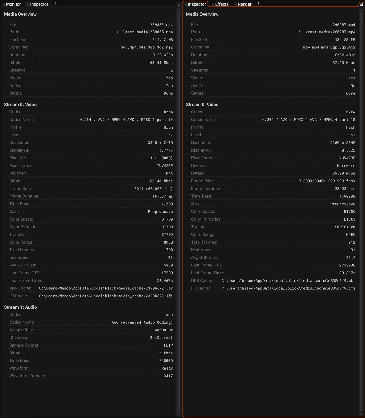 Blick inspector panel showing media and stream data